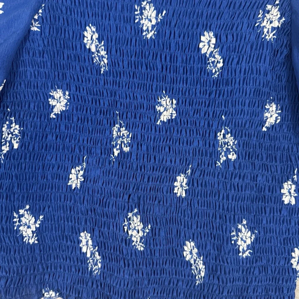 Abercrombie & Fitch Womens Blouse Top S Blue Short Smocked Long Puff Sleeves